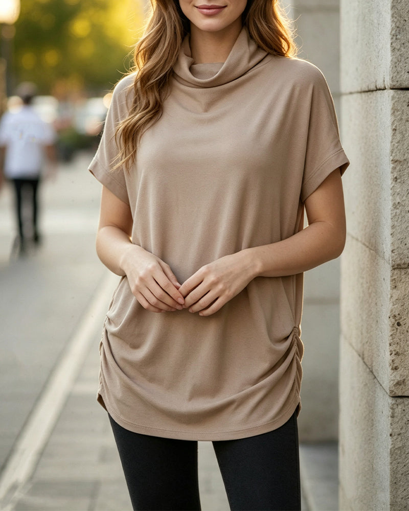 Mock Neck Short Sleeve Side Ruched Blouse