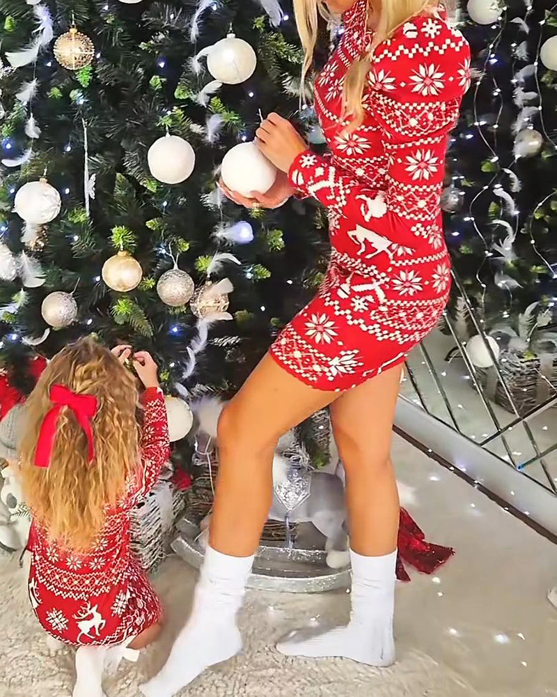 Christmas Snowflake Long Sleeve Slim Dress