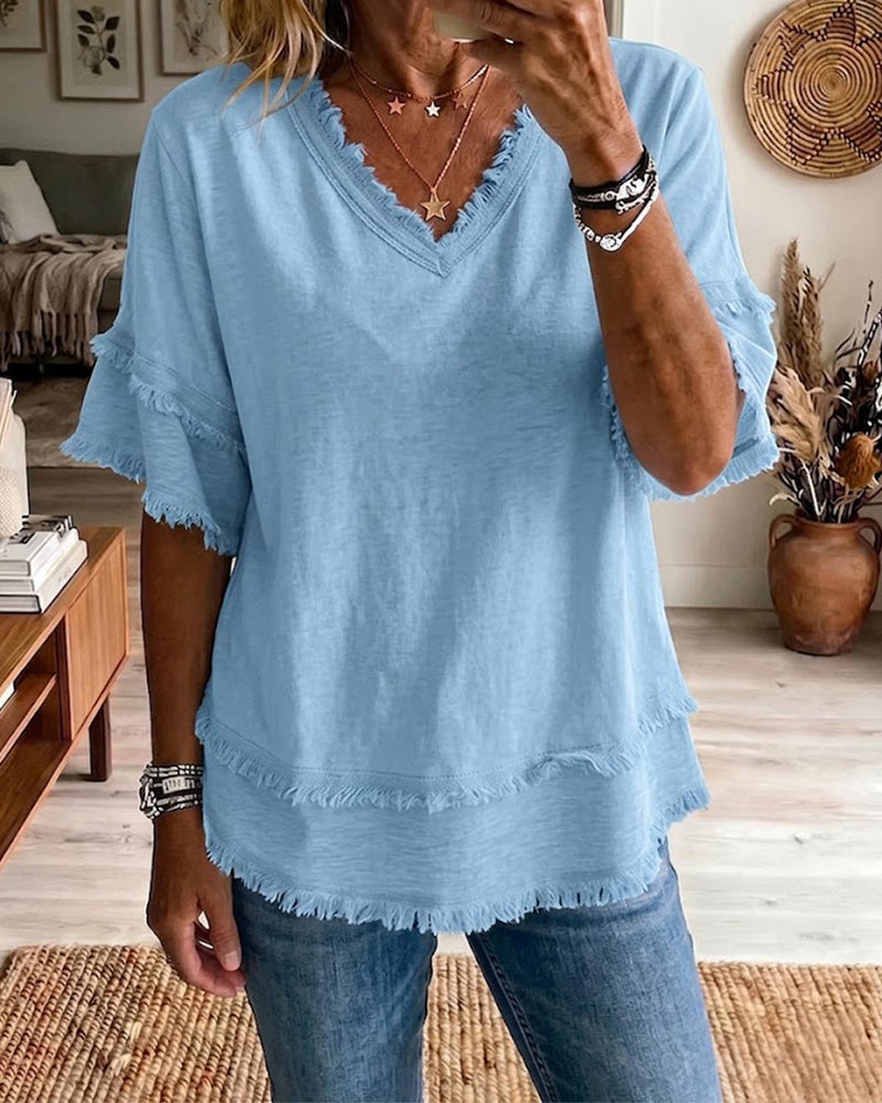 V-Neck Solid Color Frayed Blouse