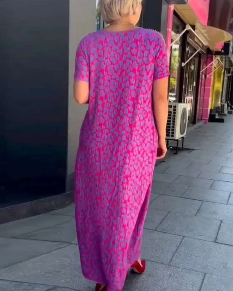 Temperament Short-Sleeved Drape Print Dress