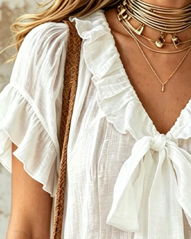 Tie-Up Ruffled Short-Sleeve Blouse