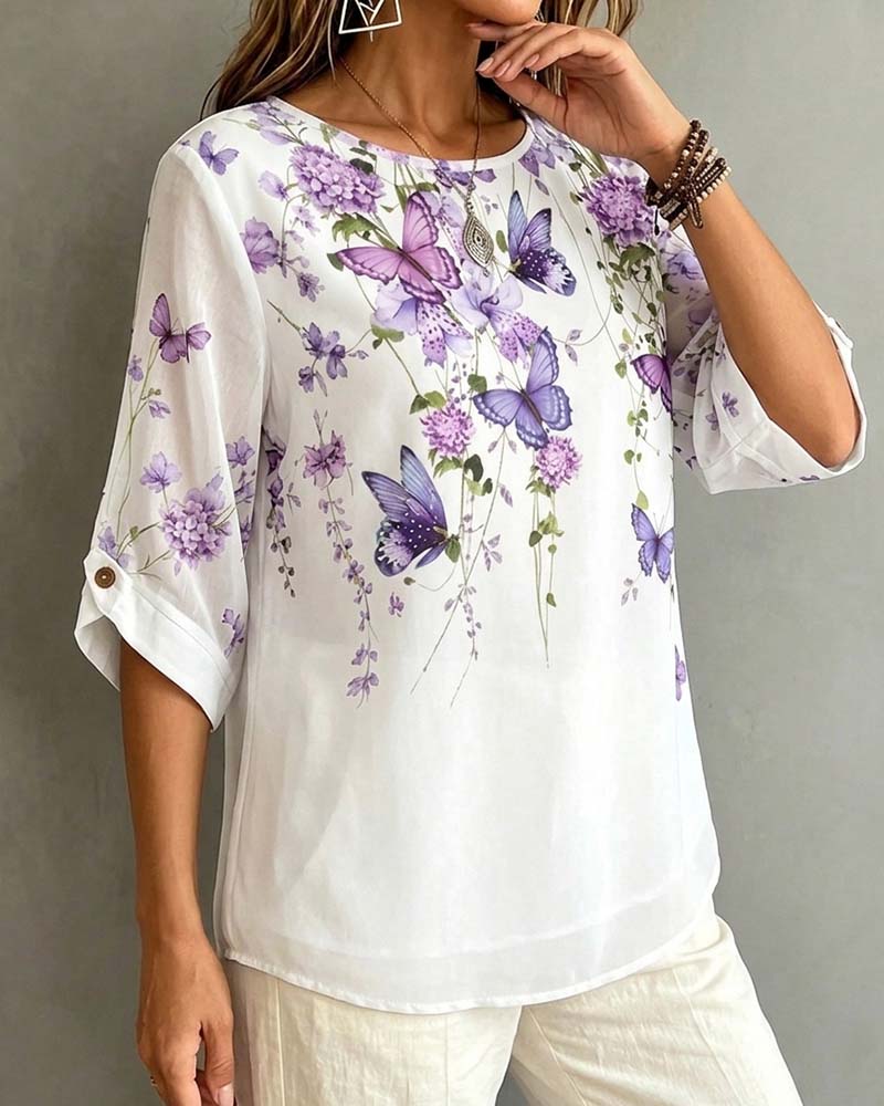 Crew Neck Butterfly Floral Blouse