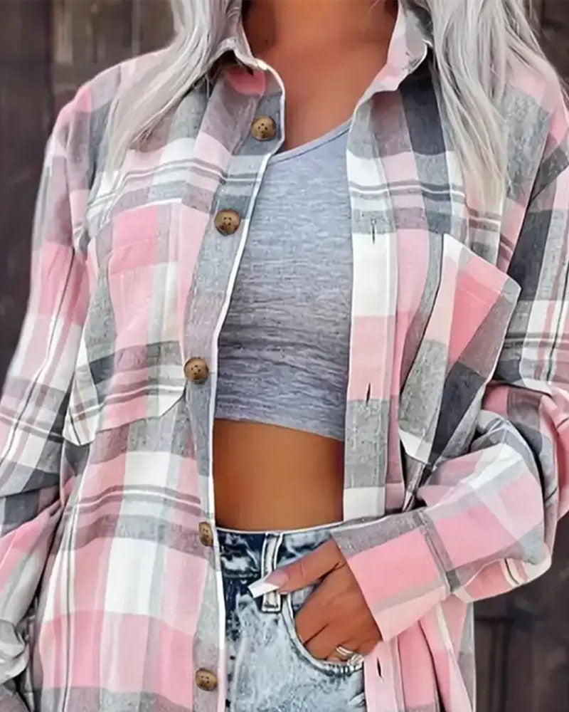 Plaid Loose Button-Down Shirt Blouse