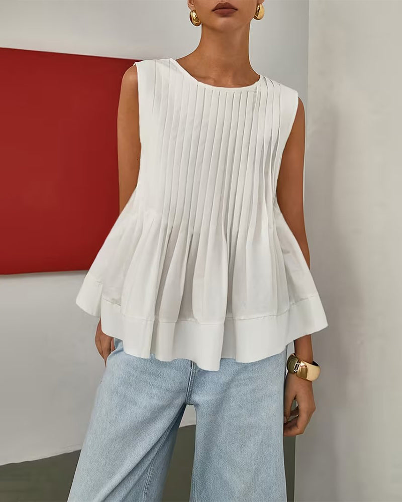 Round Neck Solid Color Sleeveless Blouse