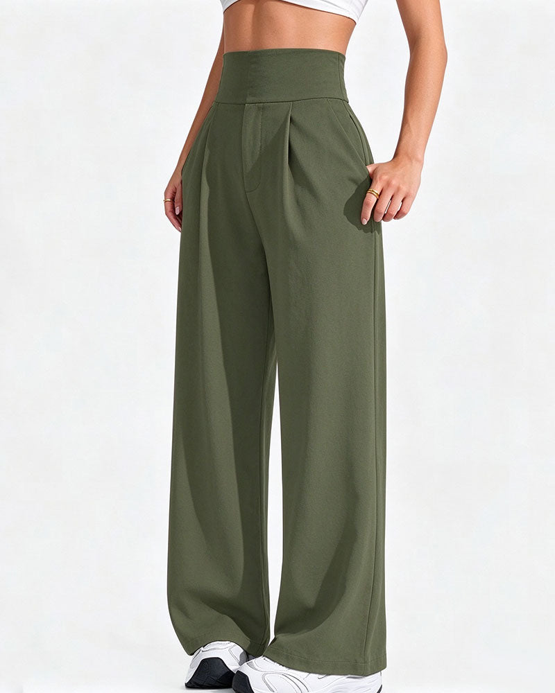 High Waist Pocket Solid Color Wide Leg Pants