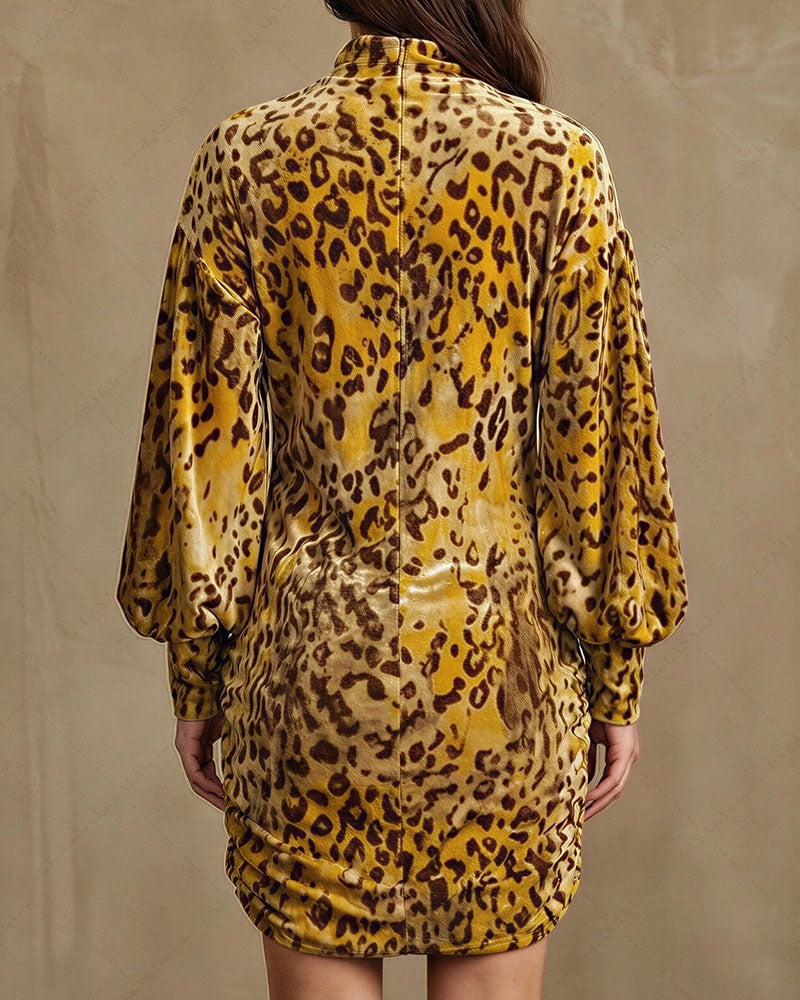 High Neck Leopard Lantern Sleeve Elegant Dress