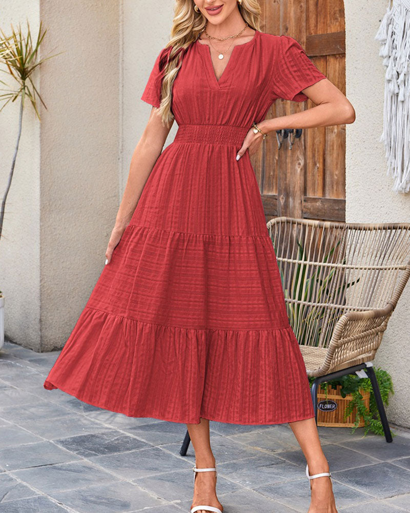 V-Neck Shirred Puff Sleeve Short Sleeve Dress