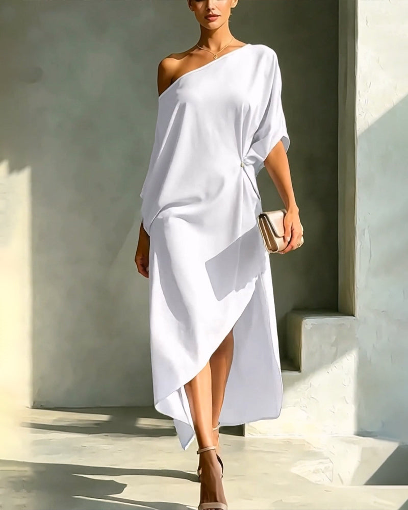 Off-Shoulder Shirred Irregular Solid Dress