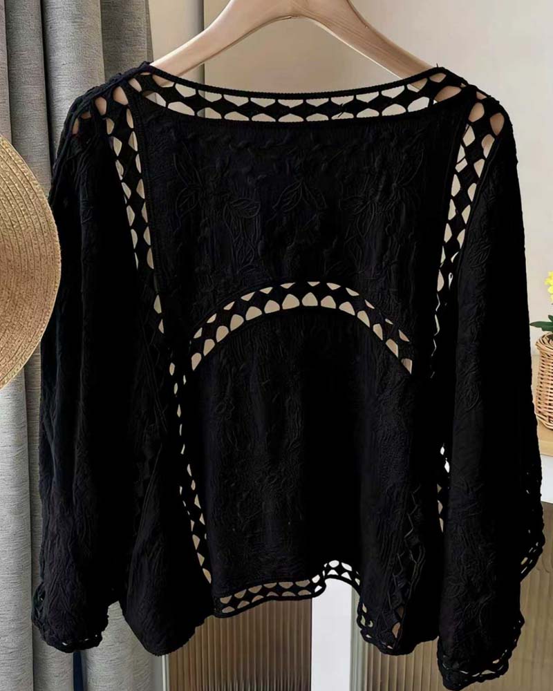 Solid Color Long Sleeve Hollow Out Cover Up
