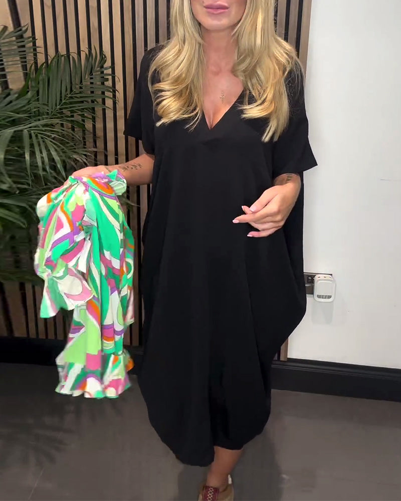 Simple solid color slit V-neck dress