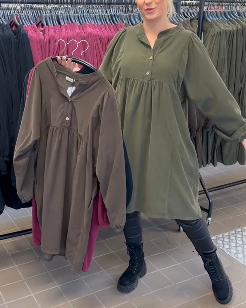 Button V-Neck Long-Sleeved Dress