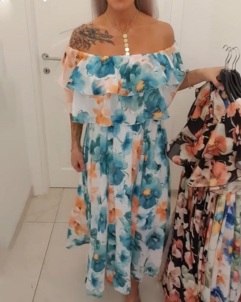 Watercolor Floral Off-Shoulder Cake Long Dress