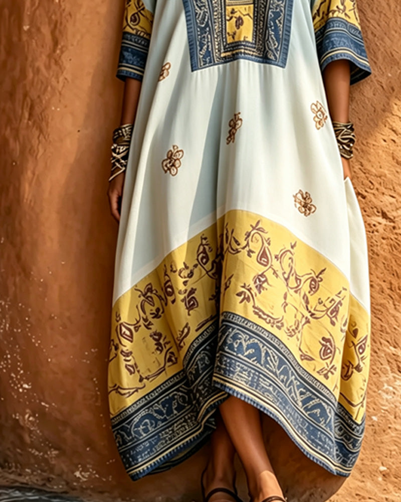 V-Neck Ethnic Large Hem Dress