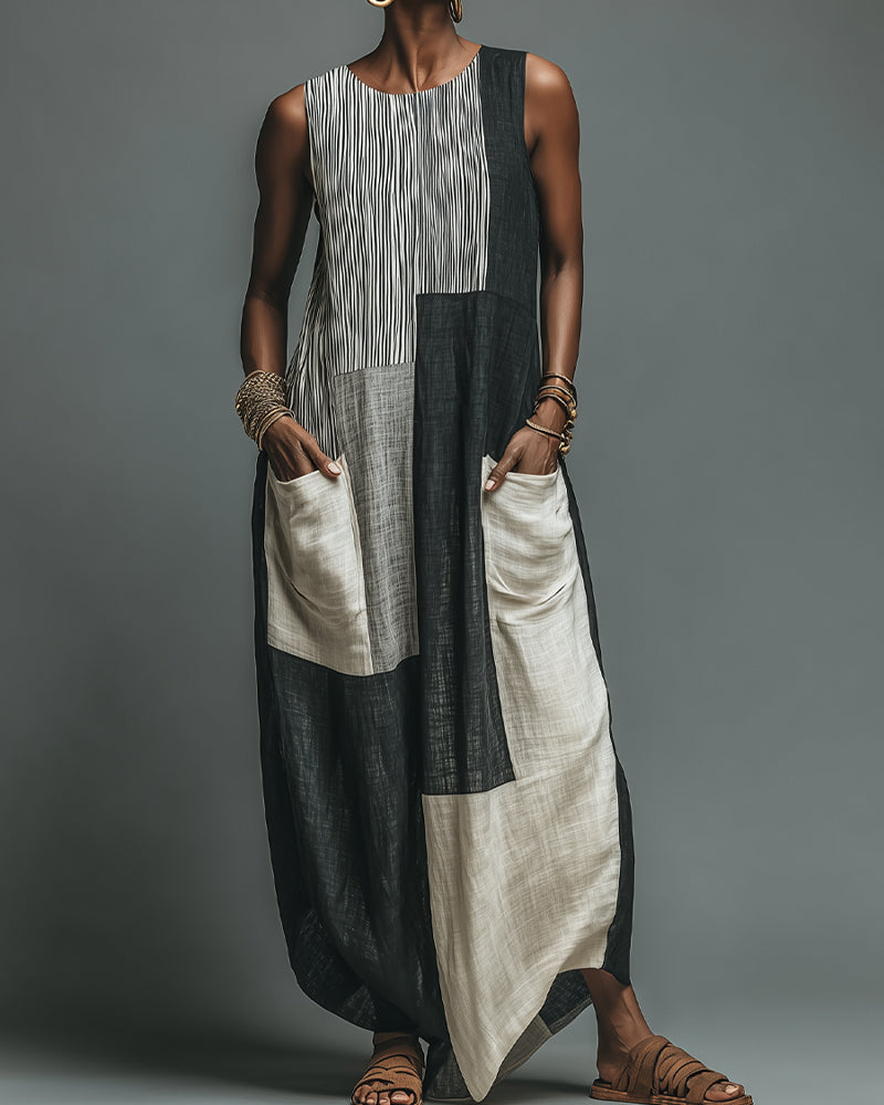 Patchwork Sleeveless Color Block Maxi Dress
