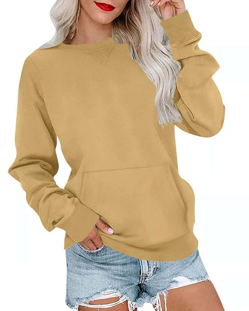Solid Color Round Neck Long Sleeve Casual Sweatshirt