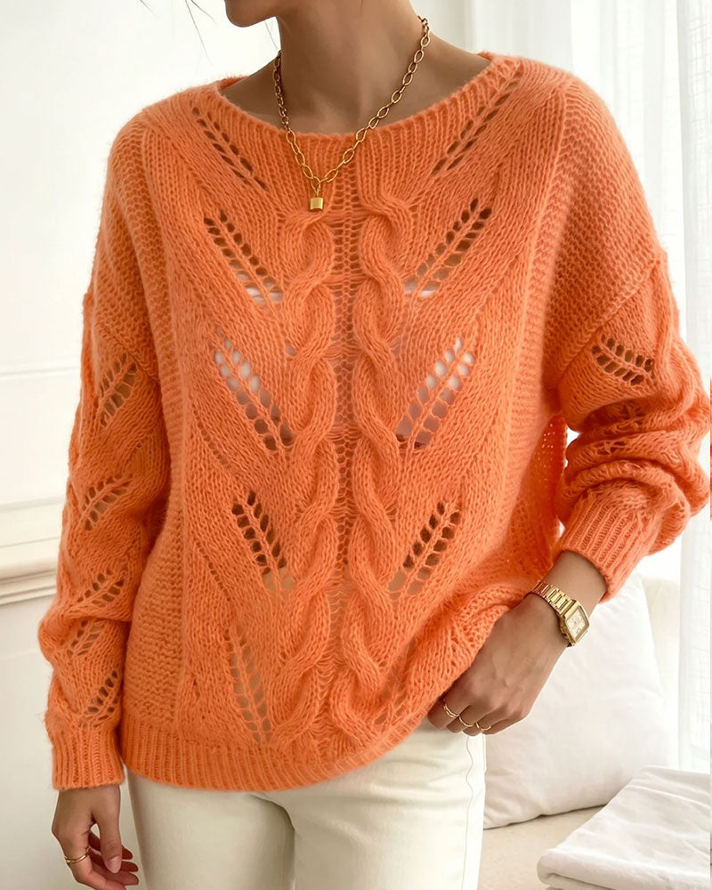 Crew Neck Drop Shoulder Cutout Solid Knit Pullover