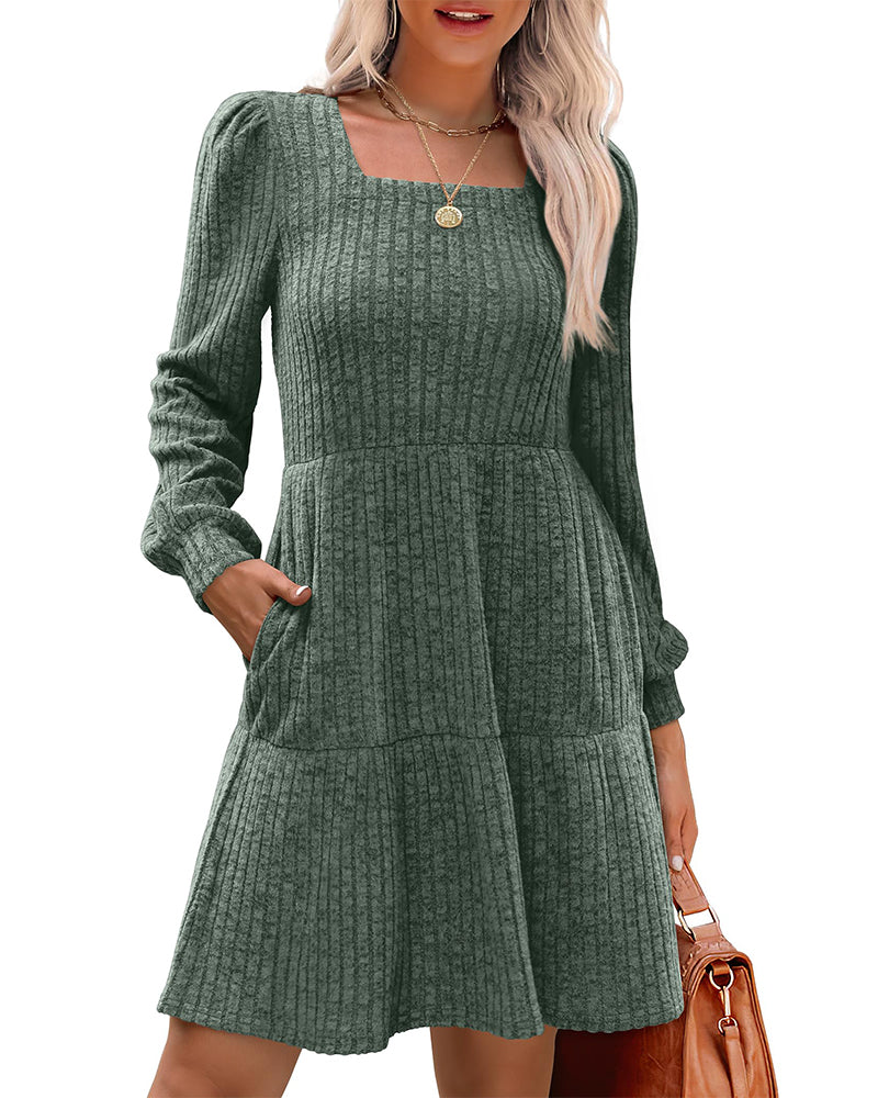 🍂2025 Autumn New Style⏰Women's Square Neck Lantern Sleeve Ribbed Dress