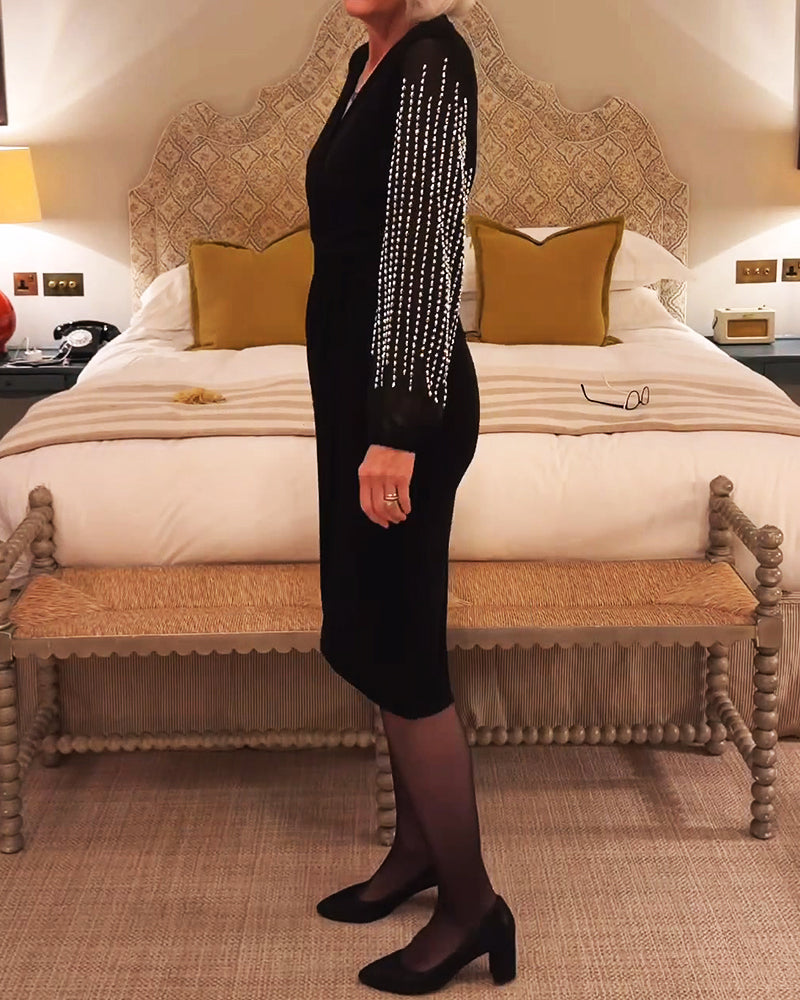 V-Neck Long Sleeve Fitted Waist Midi Dress