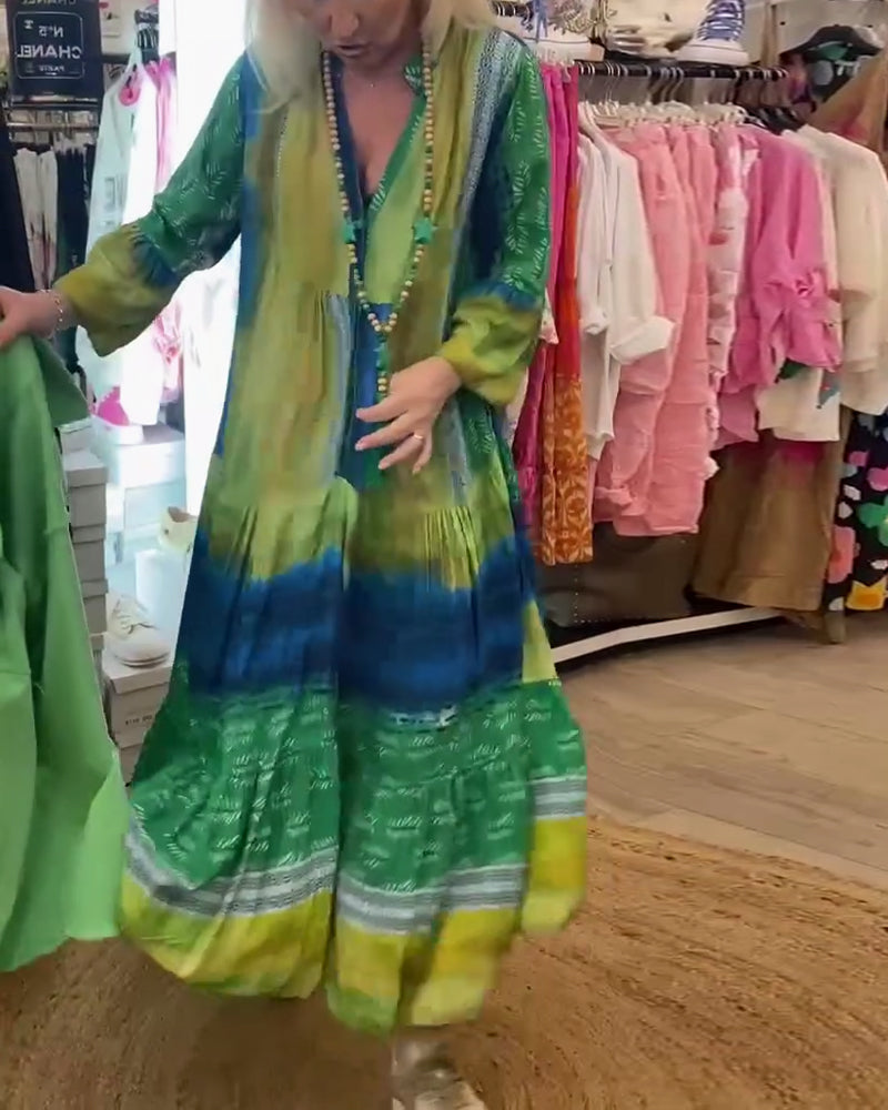 Printed casual V-neck flare sleeve long dress