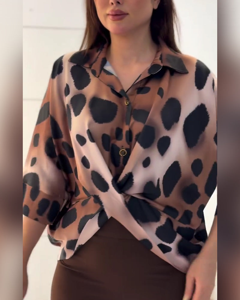Twist Lapel Leopard Print Blouse
