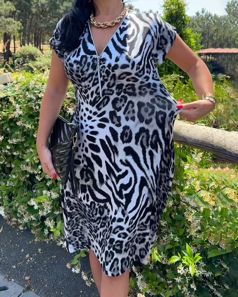 V-Neck Zip-Up Leopard Print Dress