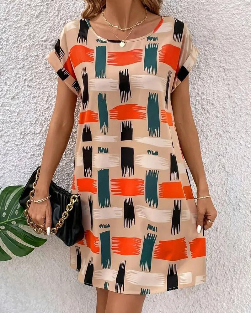 Abstract Print Short-Sleeve Straight Dress