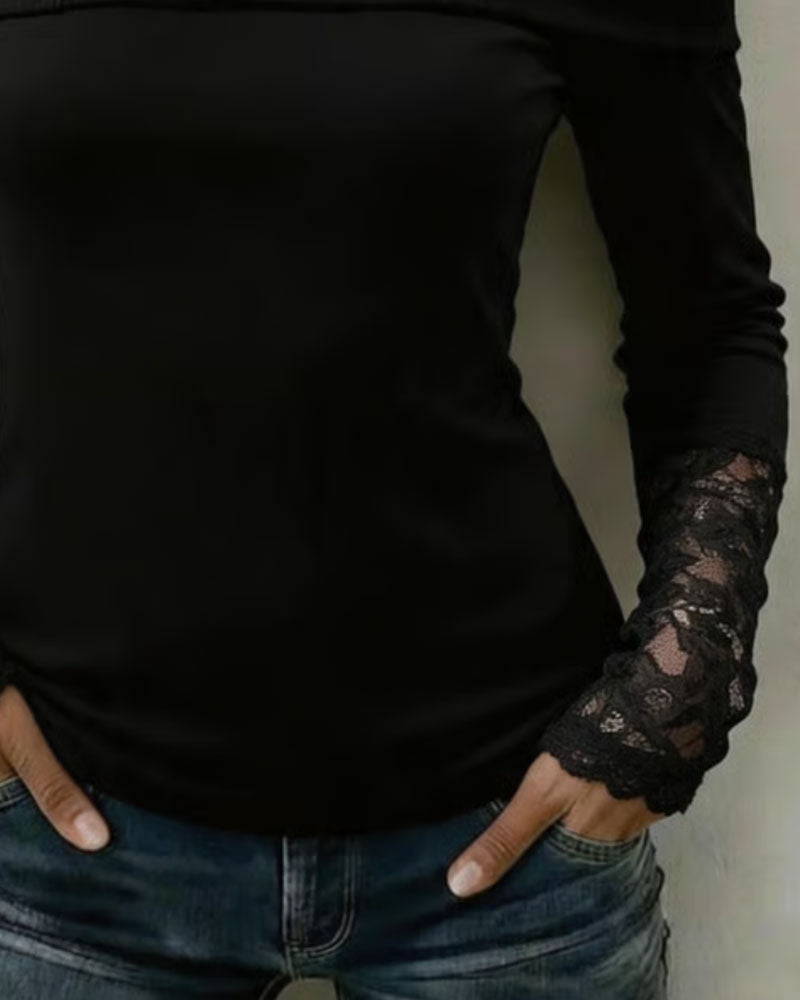 V-Neck Lace Panel Slim Blouse