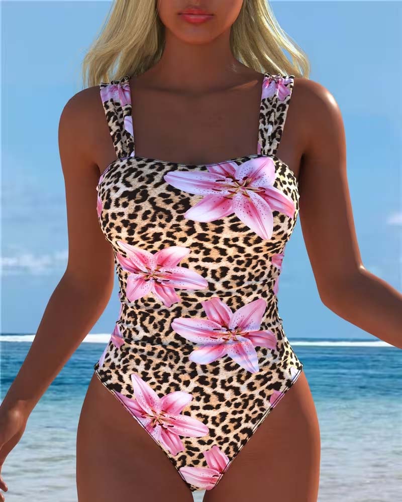 Leopard And Lily Print One-Piece