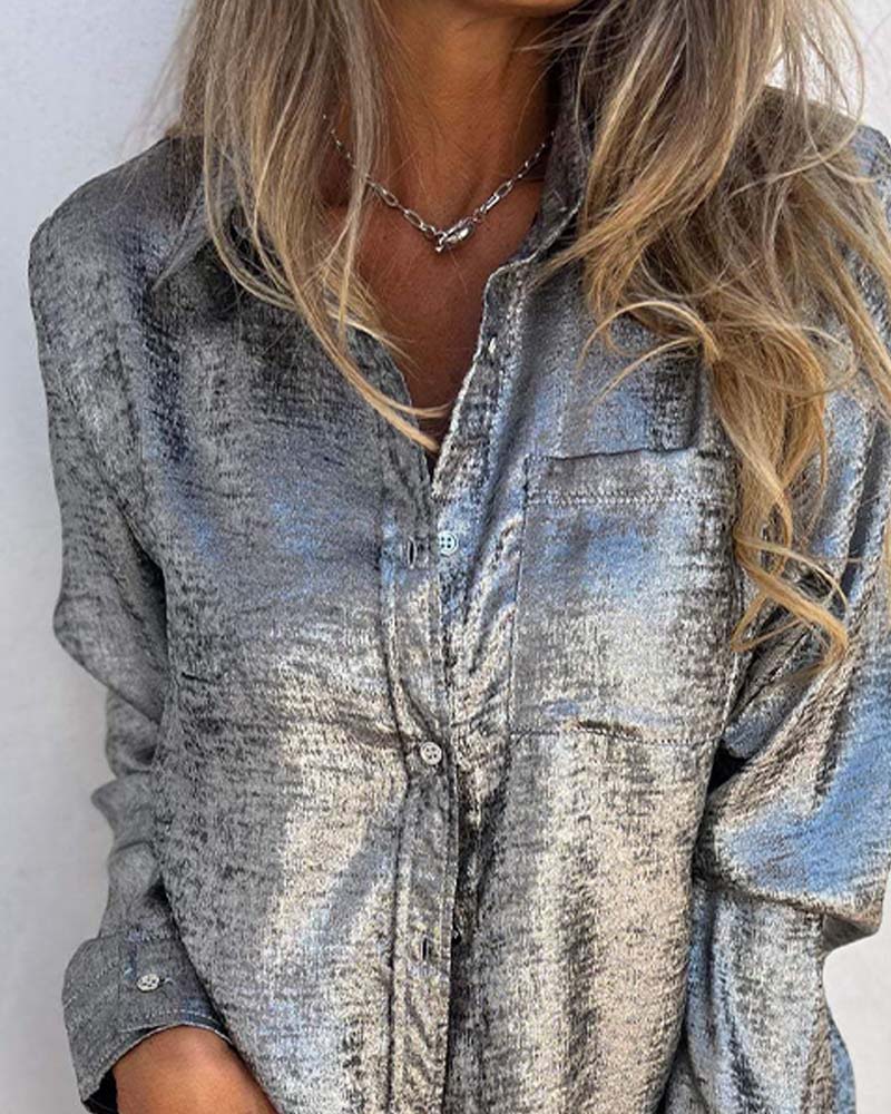 Long-Sleeve Fine Shimmer Pocket Button-Up Blouse