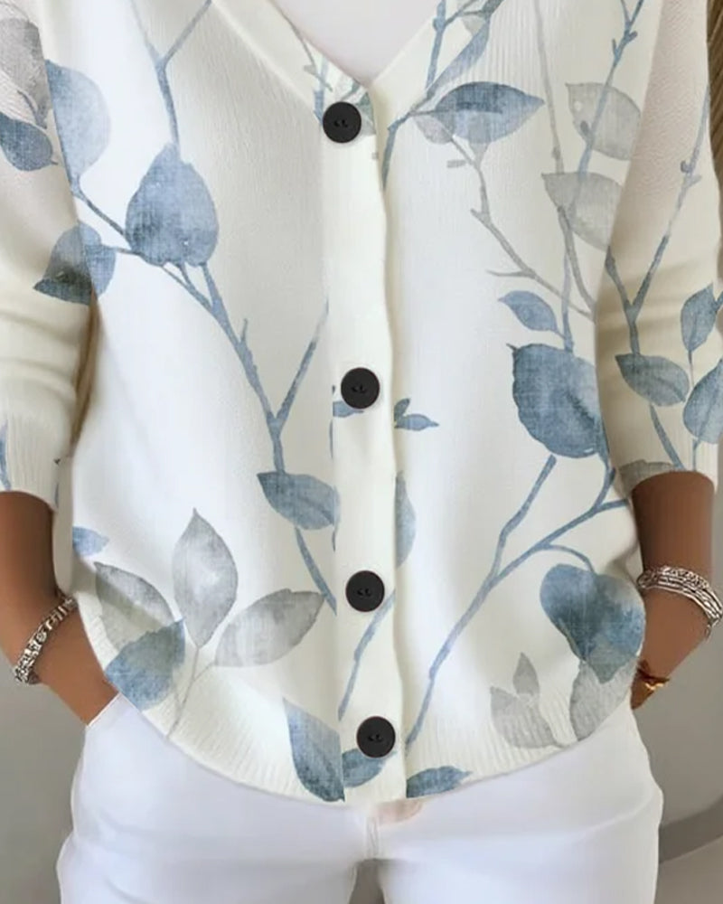 V-Neck Button Leaf Print Pullover