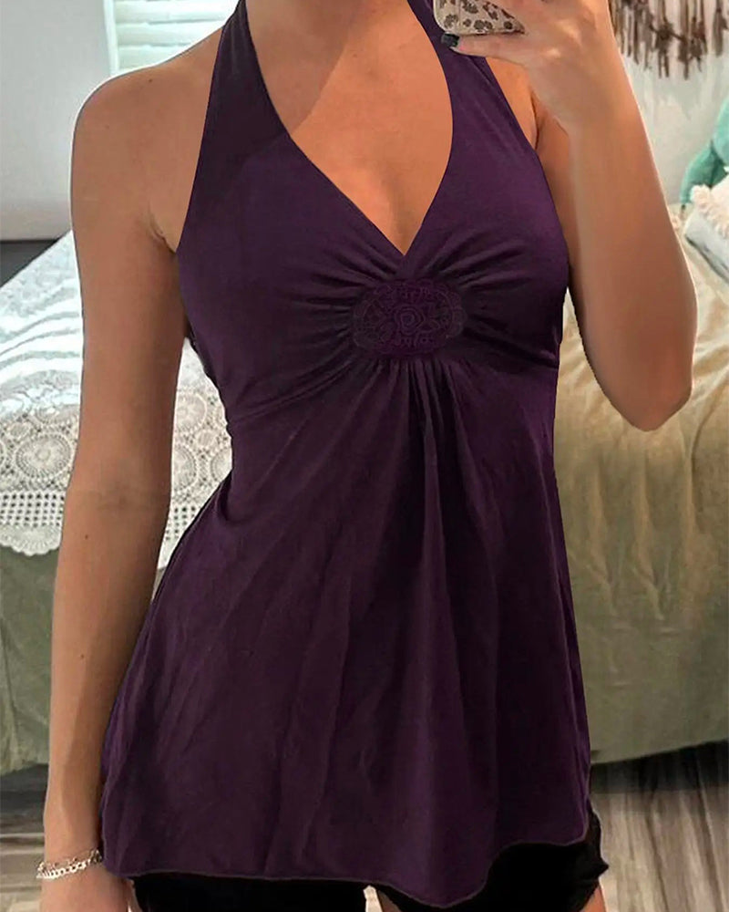 Halter V-Neck Twist Solid Tank Top