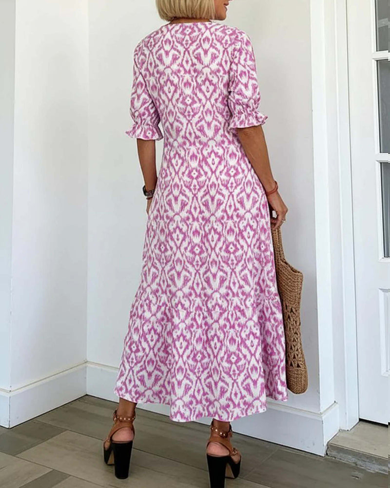 V-Neck Mid-Length Sleeve Ruffle A-Line Dress