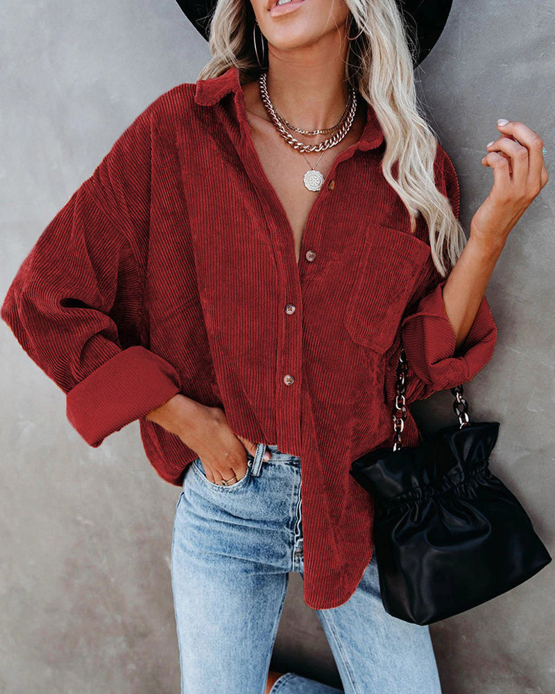 Solid Color Corduroy Pocket Blouse