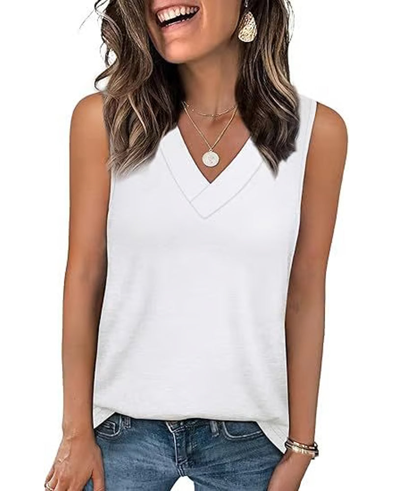 Women's Sleeveless V-Neck Slimming Loose Fit Casual Tank Top T-Shirt