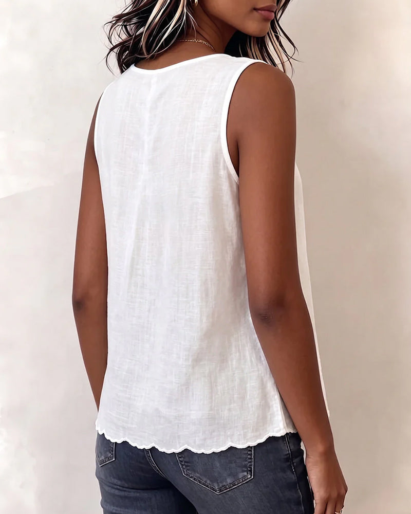 Solid-Color V-Neck Pleated Tank Top