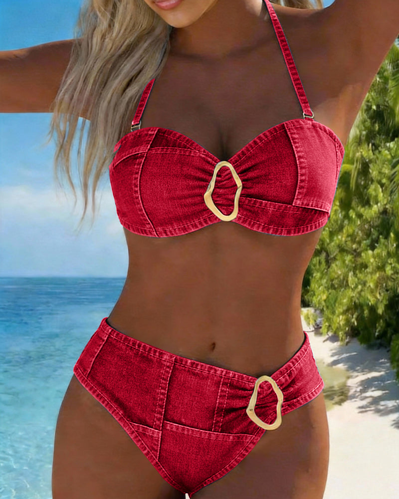 Metal Buckle Halter Bikini