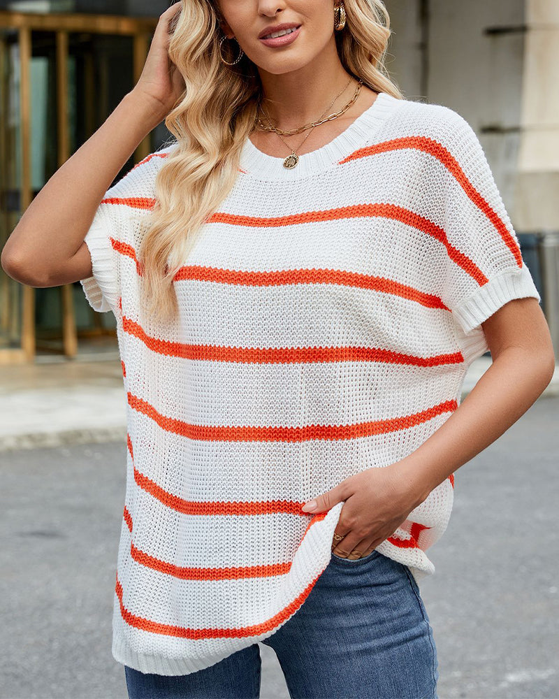 Striped Drop Shoulder Short Sleeve Sweater