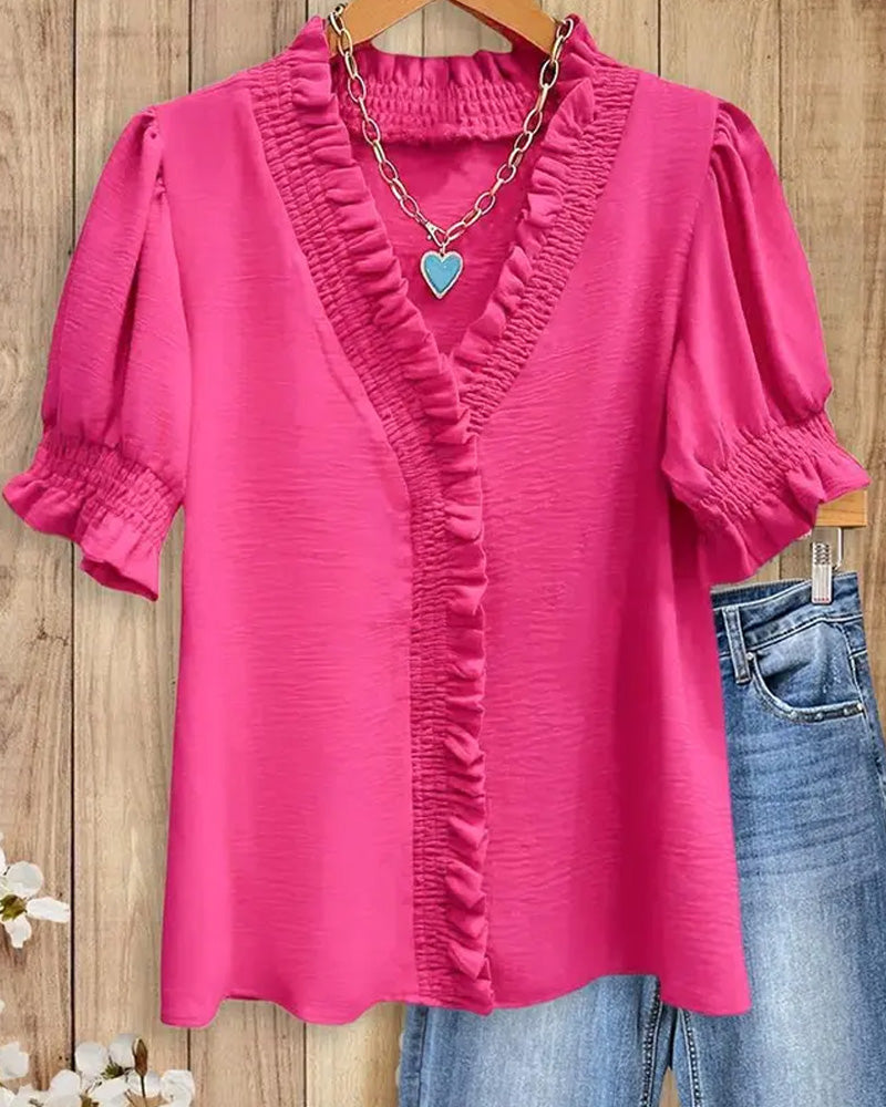 V-Neck Ruffled Short Sleeve Blouse