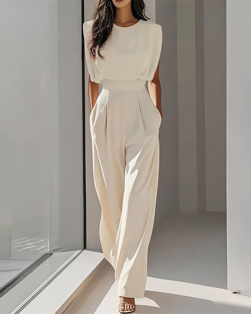 Solid Casual Belted Jumpsuit