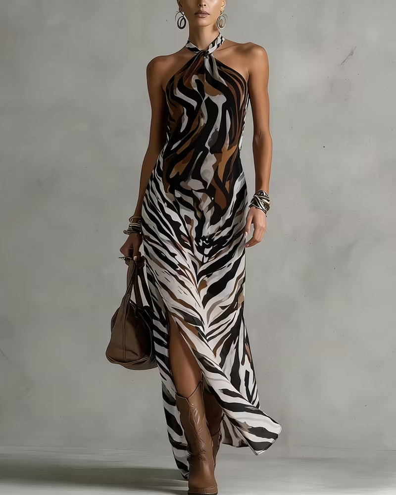Zebra Halter Slit Long Dresses