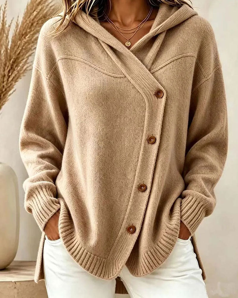 Buttoned Long Sleeve Hooded Pullover