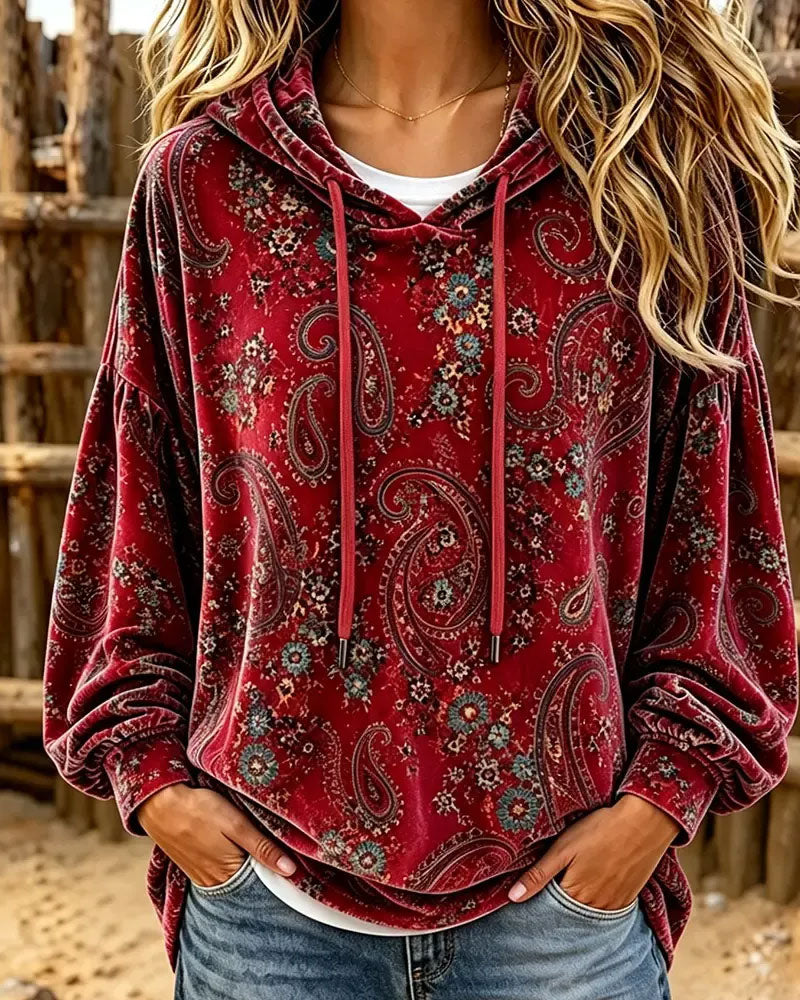 Paisley Print Velvet Hoodie