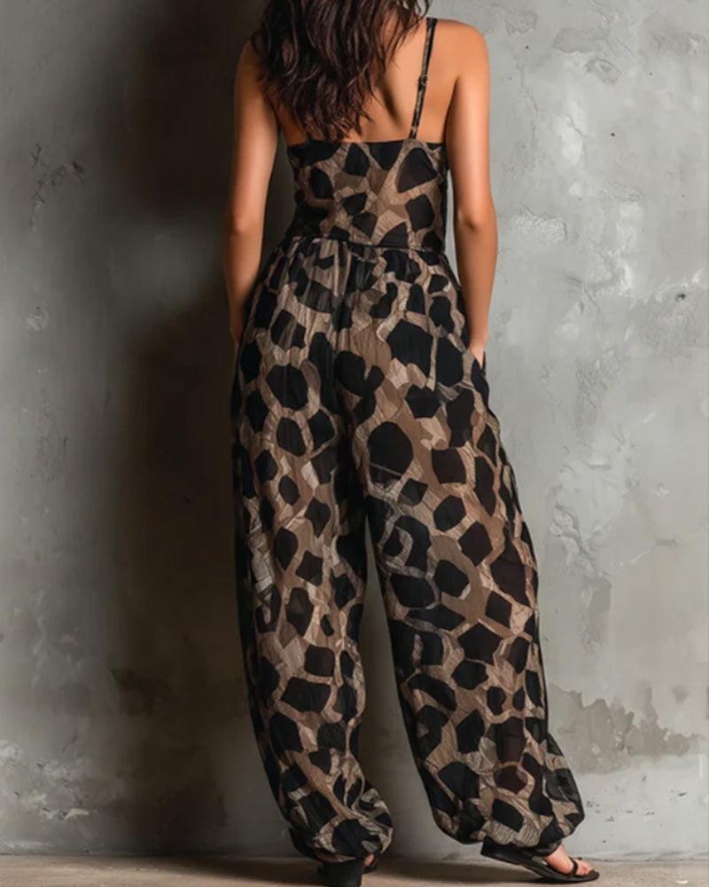 Leopard Print Suspender Wide Leg Jumpsuit