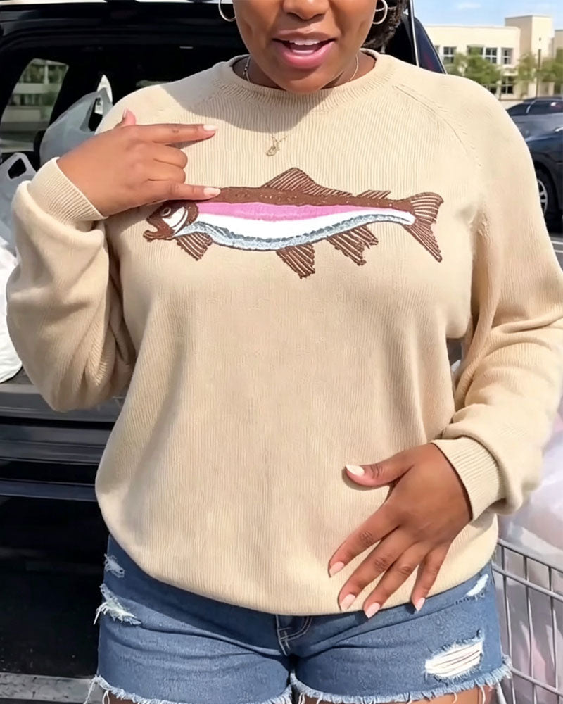 Crew Neck Fish Print Drop Shoulder Pullover