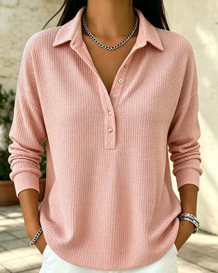 Waffle Lapel Long Sleeve Top