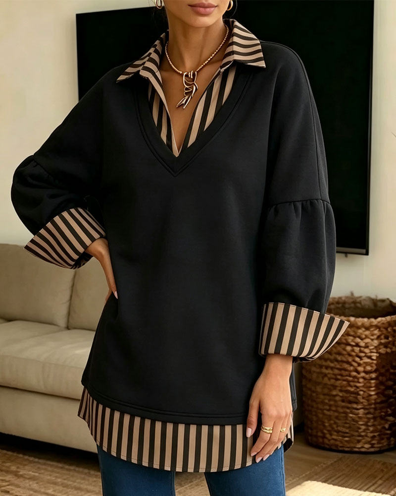 Lapel Striped Patchwork Loose Sweatshirt