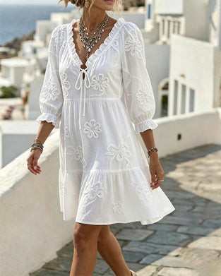 V-Neck Ruffle 3D Floral Dress