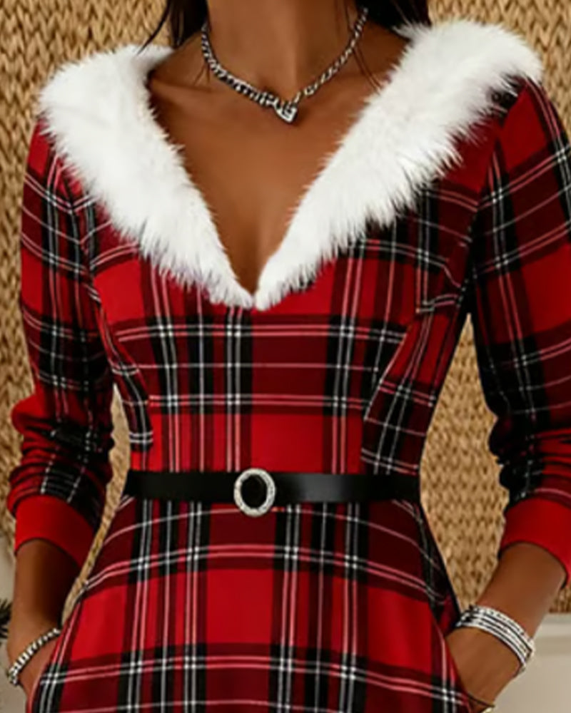 Plush V-Neck Plaid Dress