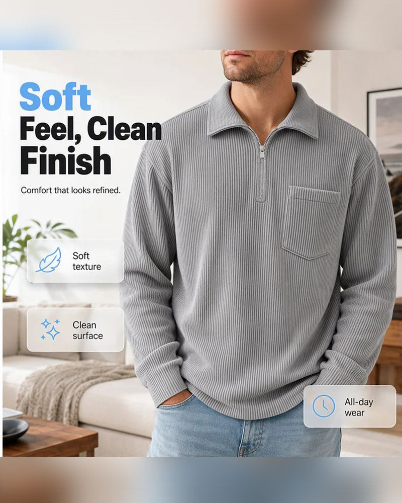 Ribbed Half Zip Lapel Long Sleeve Sweatshirt