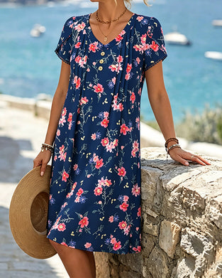 V Neck Floral Short Sleeve Dress